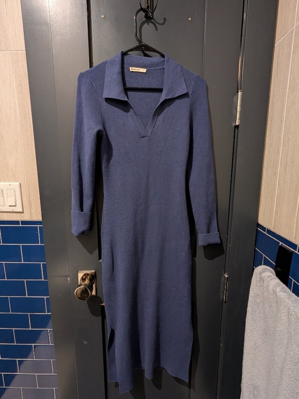 Marine Layer Navy Ribbed Knit Polo Maxi Dress